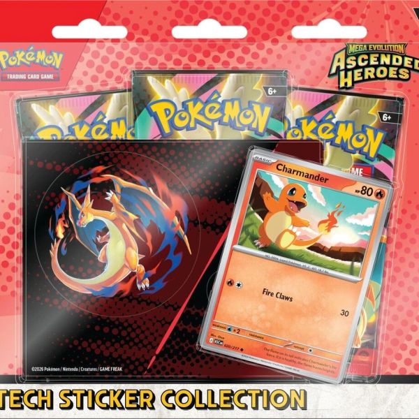 Pokemon Charizard and Charmander booster pack with sticker collection.