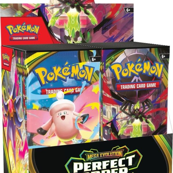 Display box of Pokémon Trading Card Game booster packs.