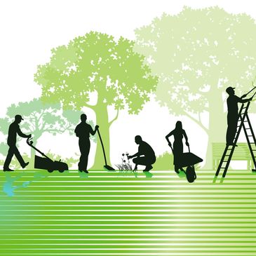 Silhouettes of people gardening and landscaping with trees in the background.