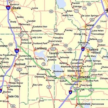 Map showing central Florida with cities like Orlando, Ocala, and Leesburg.