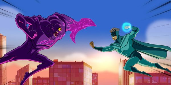 Two superheroes face off in a dynamic cityscape battle at sunset.