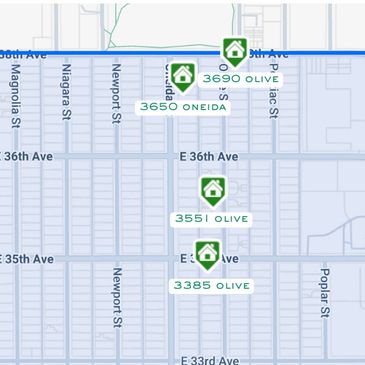 Map showing multiple houses for sale along Olive Avenue.