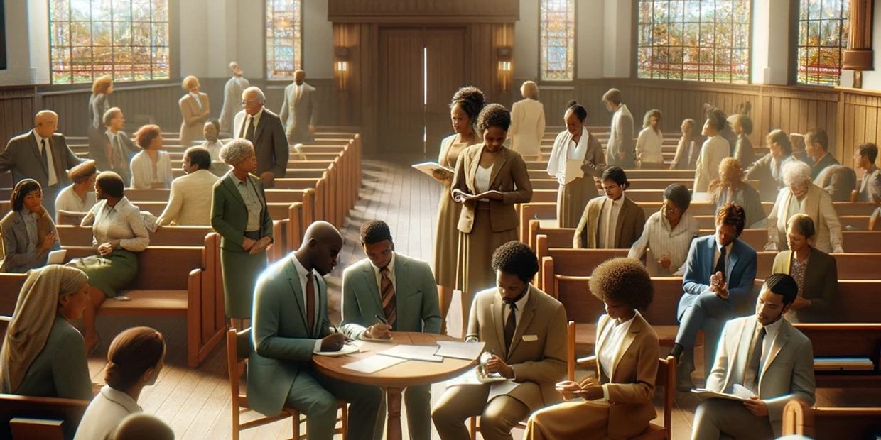 People gathered inside a church with some reading and writing.