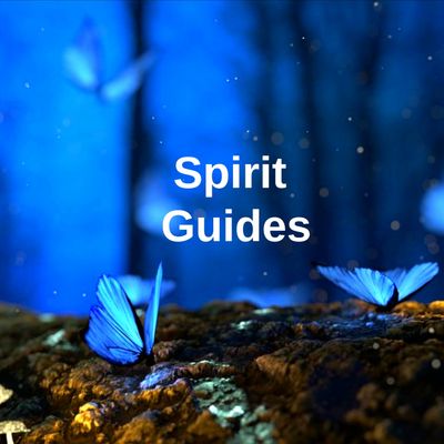 Blue butterflies glowing in a mystical forest with the text 'Spirit Guides'.