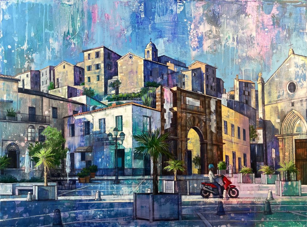 Cityscape painting with buildings and a person on a red scooter.