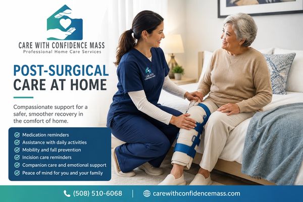 Caregiver providing compassionate post-surgical home care to an elderly woman.