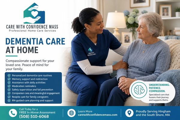 Caregiver provides compassionate dementia care at home to an elderly woman.
