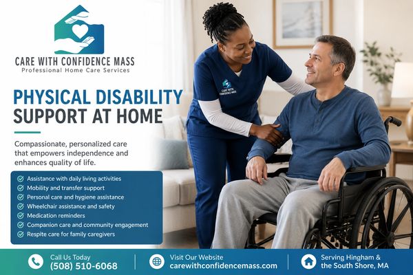 Caregiver assisting a man in a wheelchair at home, promoting independence and quality of life.