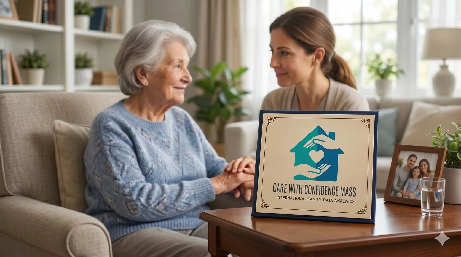Elderly woman and caregiver smiling during a home care consultation.