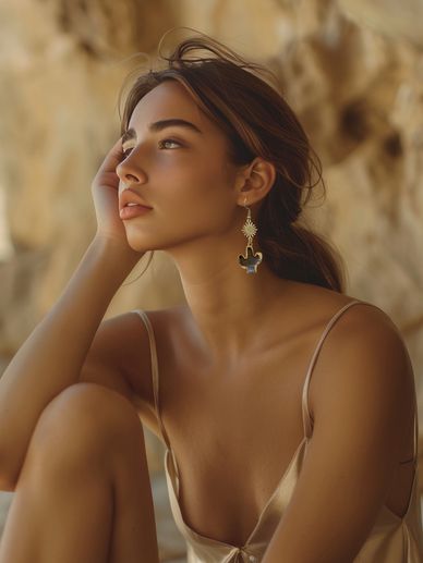 A woman gazes thoughtfully, wearing a silk dress and statement earrings.