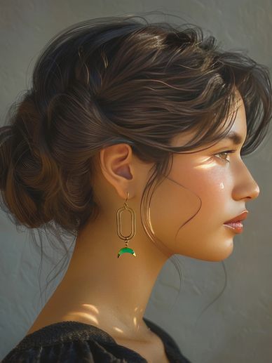 Profile of a woman with elegant updo and geometric earrings, bathed in soft light.