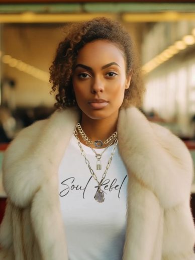 Confident woman in a fur coat and layered necklaces.