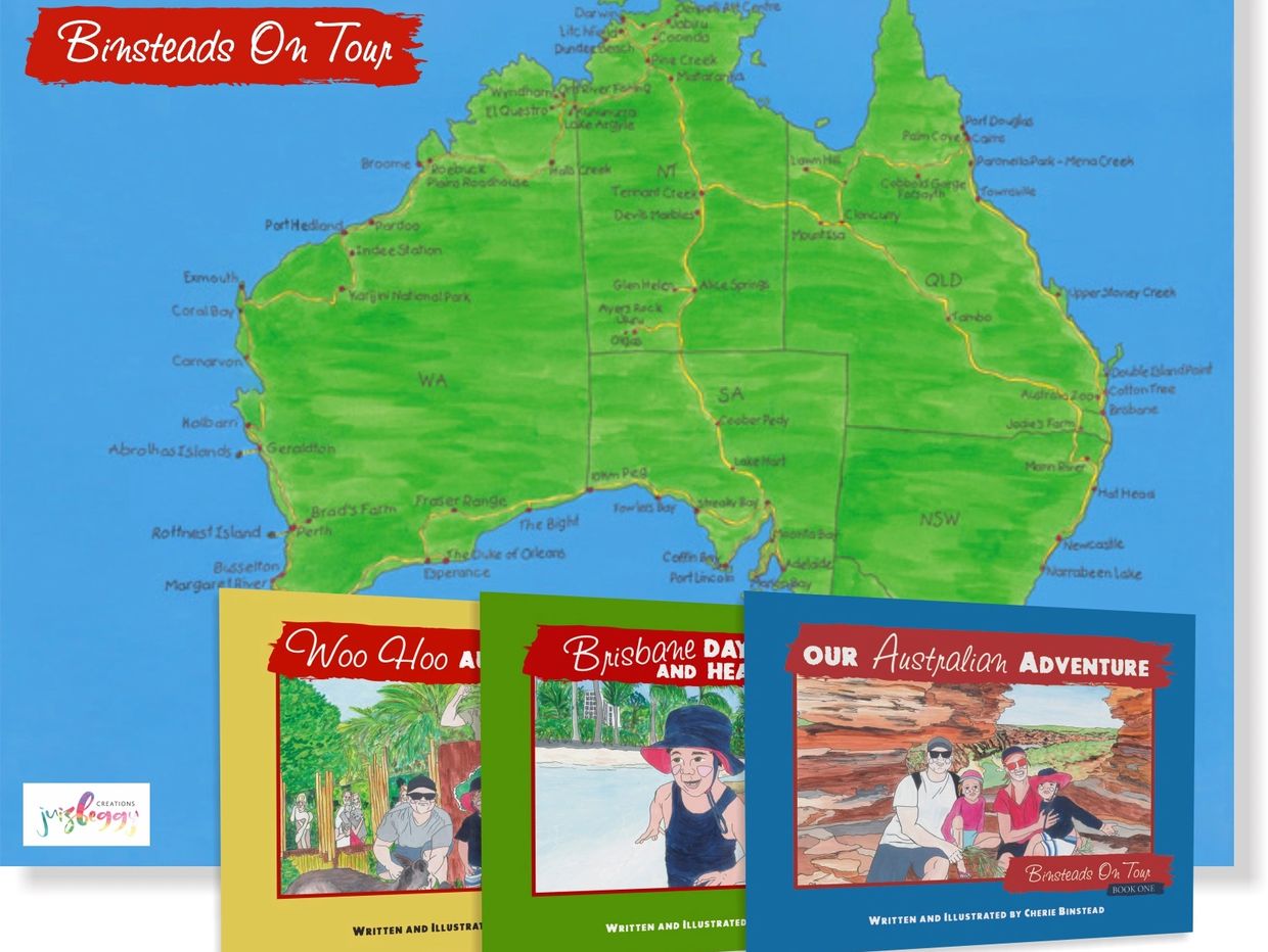 Books 1,2 & 3 in the new book series "Binsteads on Tour" and the map that goes with the series.