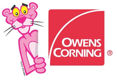 Pink Panther cartoon character peeking beside the Owens Corning logo.