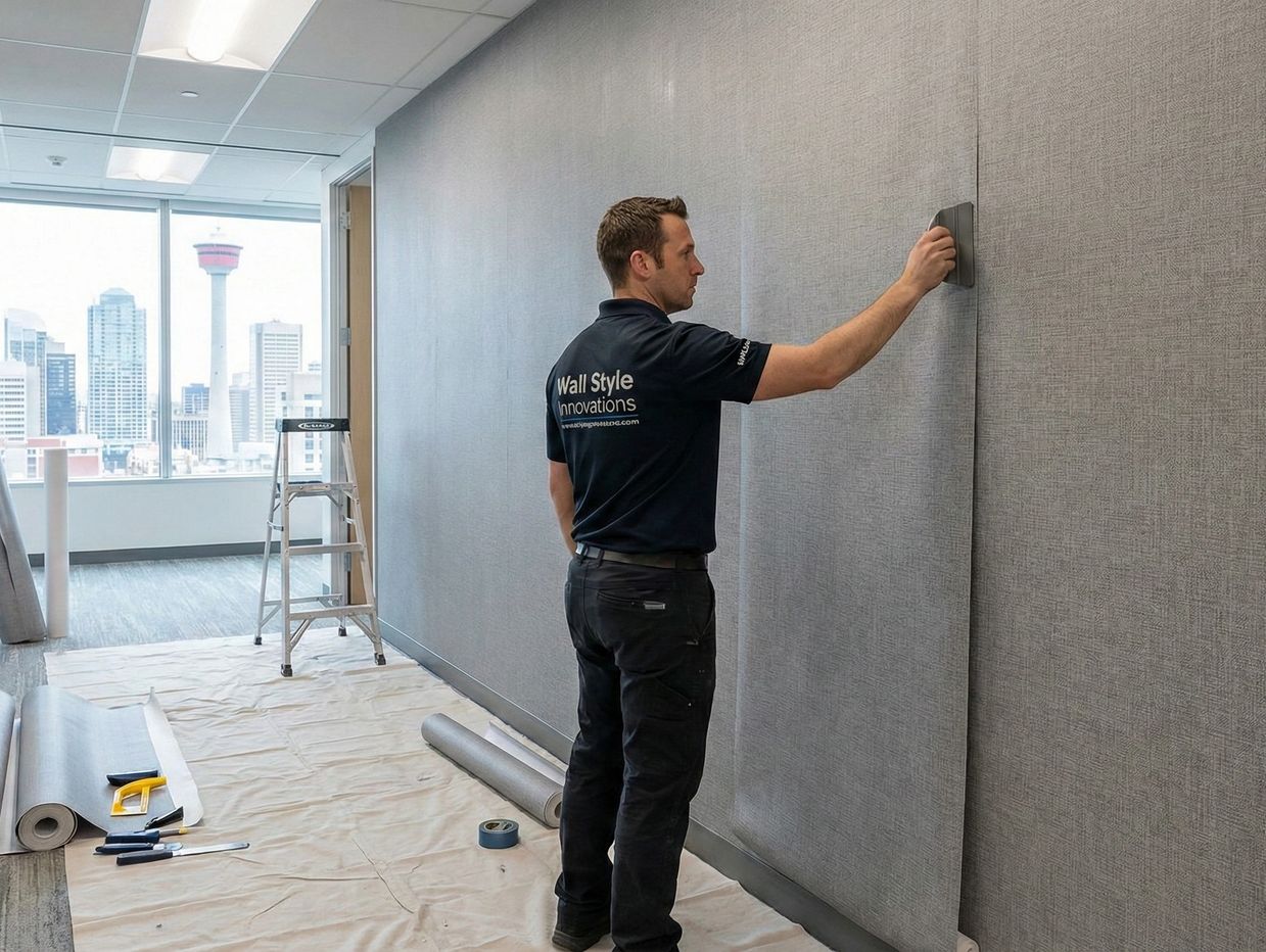 Certified wallcovering installer working on luxury commercial vinyl installation in Calgary