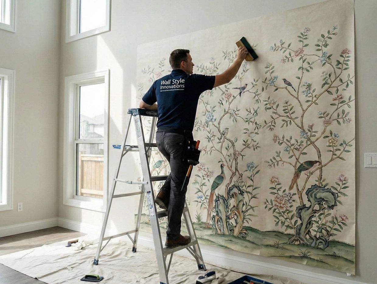 Luxury chinoiserie wallpaper installation in a high-ceiling Calgary living room