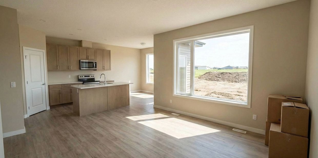 Custom wallpaper installation in a new Airdrie home living room