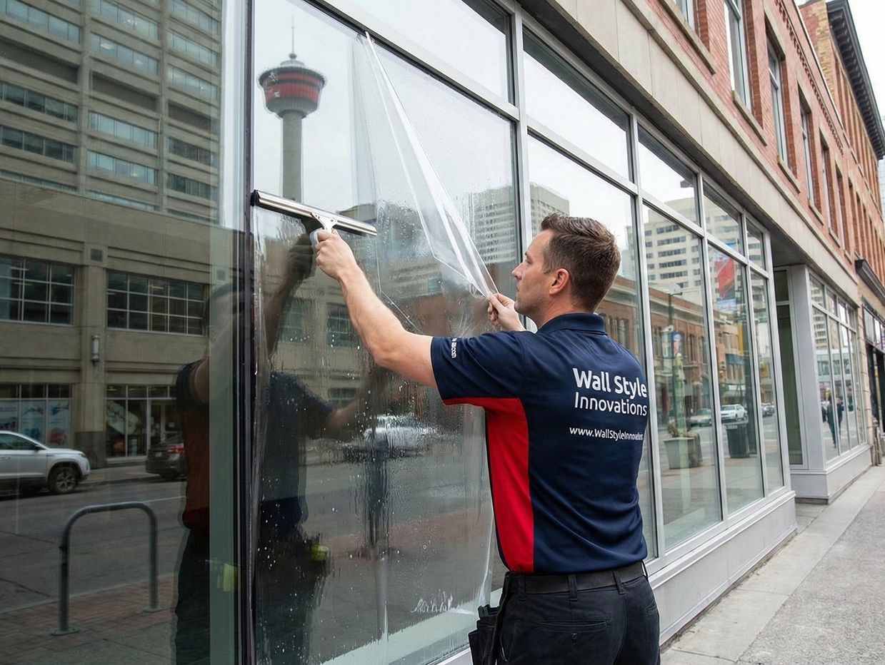 Installer applying anti-break-in security film to Calgary commercial storefront glass