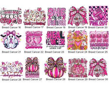 Colorful breast cancer awareness designs with ribbons and messages.