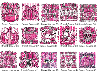Variety of pink-themed breast cancer awareness designs and slogans.