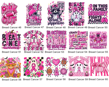 Breast cancer awareness illustrated in various designs.