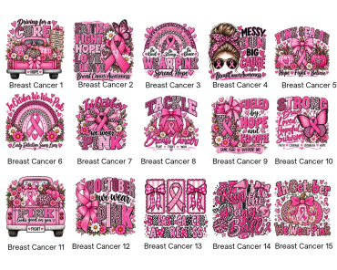 Collage of 15 breast cancer awareness designs with pink ribbons and supportive messages.