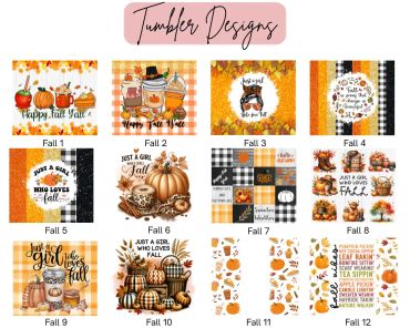 Collection of 12 fall-themed tumbler designs with pumpkins, leaves, and warm colors.