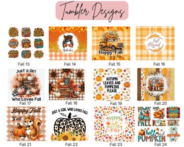 Collection of 12 tumbler design templates themed around fall and autumn.