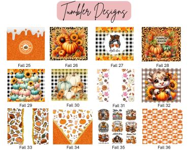 Collection of fall-themed tumbler designs with pumpkins, autumn leaves, and Thanksgiving elements.