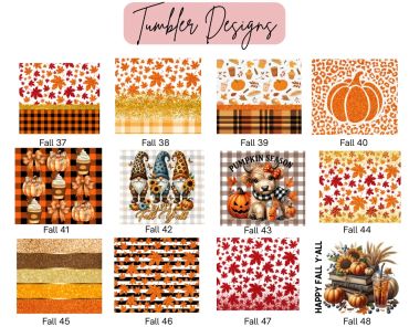 Collection of 12 fall-themed tumbler designs with leaves, pumpkins, and autumn patterns.