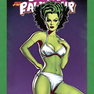Stylized green-skinned woman in white bikini.