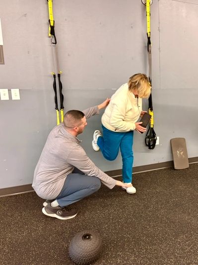 Physical therapy for skiers. PT works with patient on ski-specific rehab and performance training
