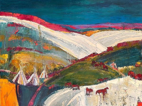 Abstract painting of a colorful landscape with hills and tents.