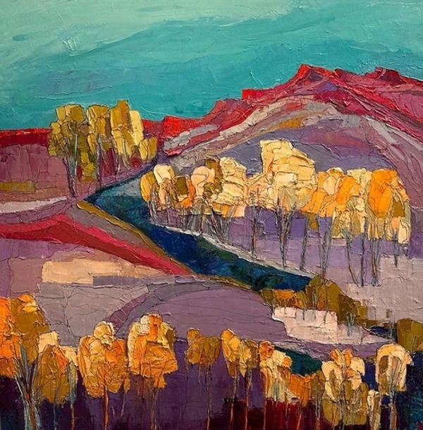 Abstract landscape painting with vibrant colors and textured trees.