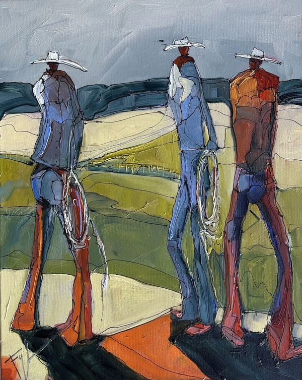 Abstract painting of three cowboys standing with lassos.