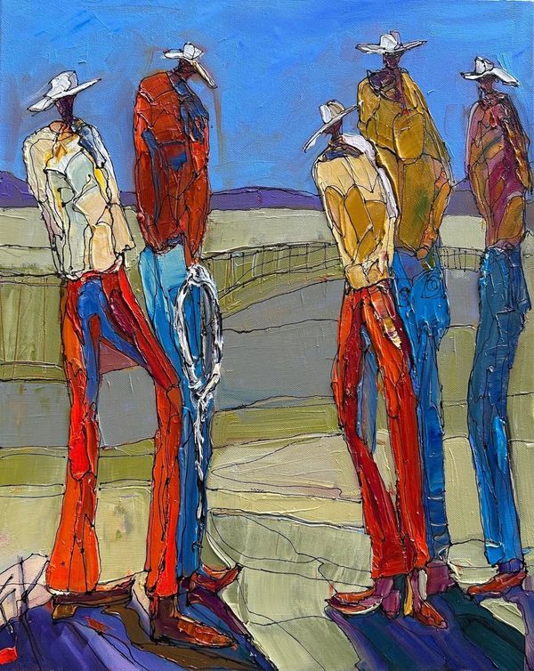 Abstract figures wearing hats in a colorful landscape.