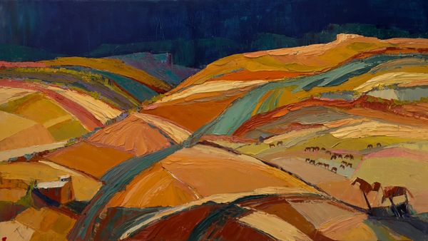 Abstract landscape with rolling hills in warm tones.