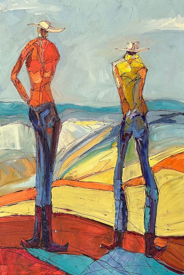 Abstract painting of two tall figures with hats against a colorful landscape.