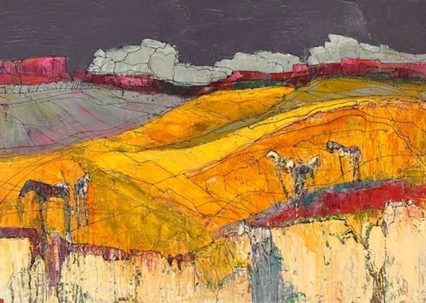 Abstract landscape with horses on yellow hills.