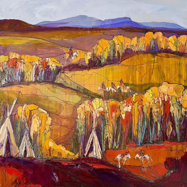 Colorful abstract landscape with trees and hills.