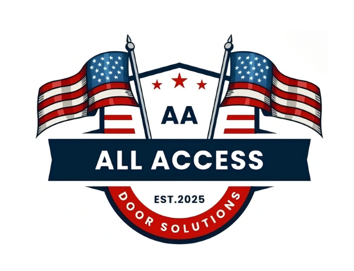 Logo featuring American flags and text 'All Access Door Solutions EST.2025'.