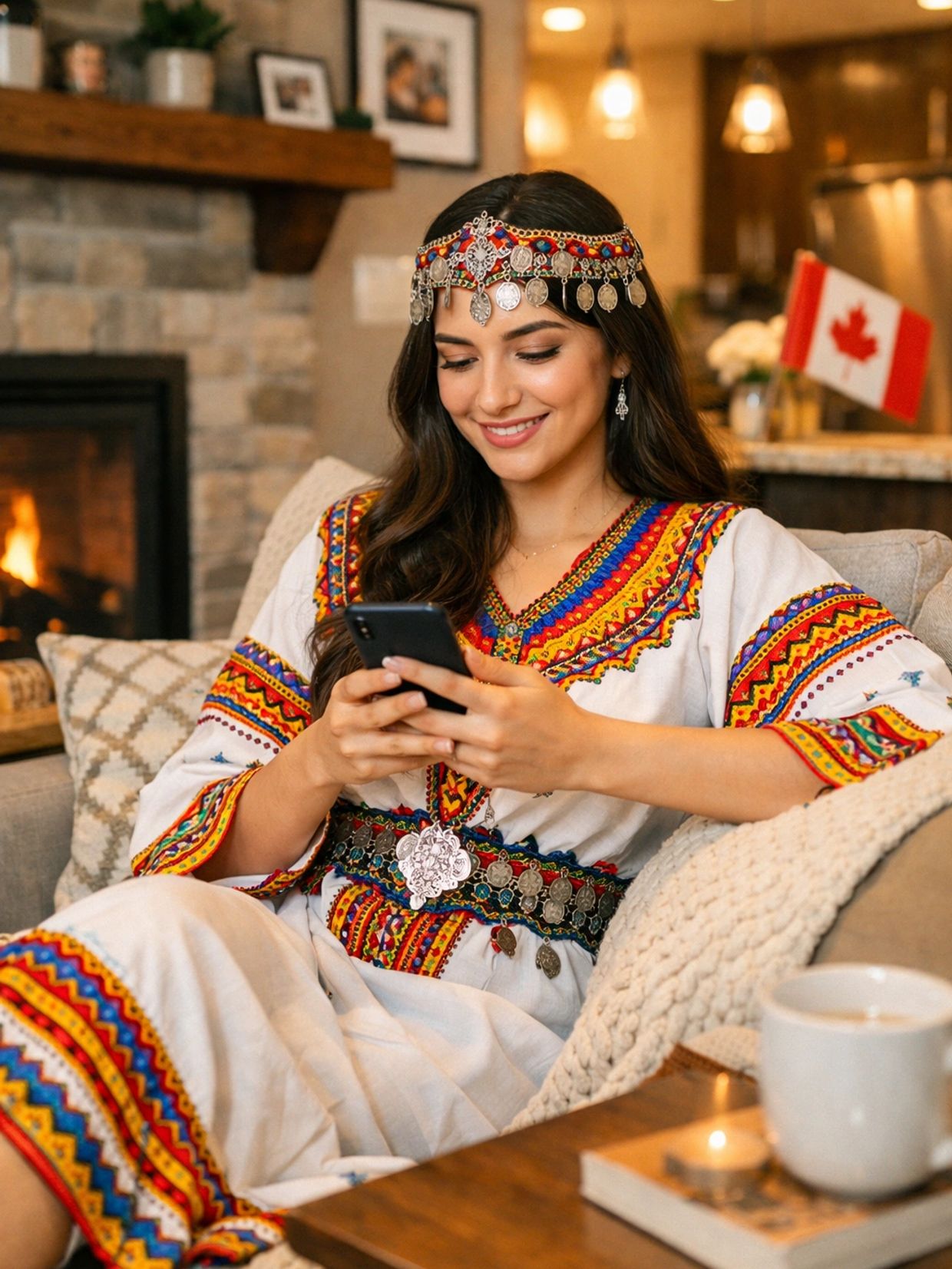 Woman in traditional dress smiling while using her phone on a cozy couch.
