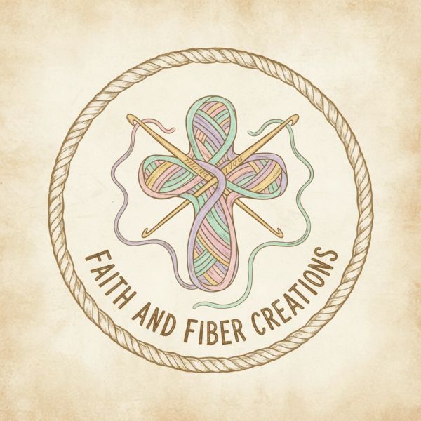 A logo with a cross made of yarn and crochet hooks, labeled Faith and Fiber Creations.