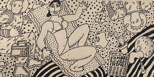 Black and white drawing of an astronaut and woman in a bikini.
