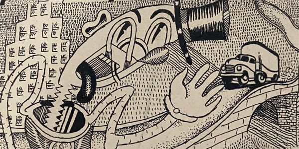 Abstract black-and-white drawing with musical and urban elements.