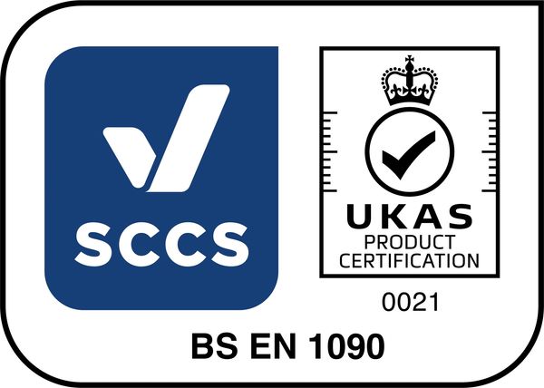 SCCS and UKAS certification logos with BS EN 1090 standard.