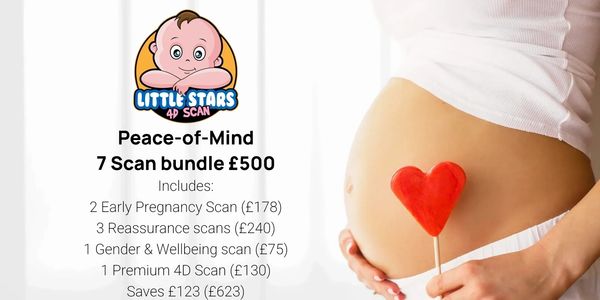 Pregnant woman holding a heart lollipop with 4D scan package details.