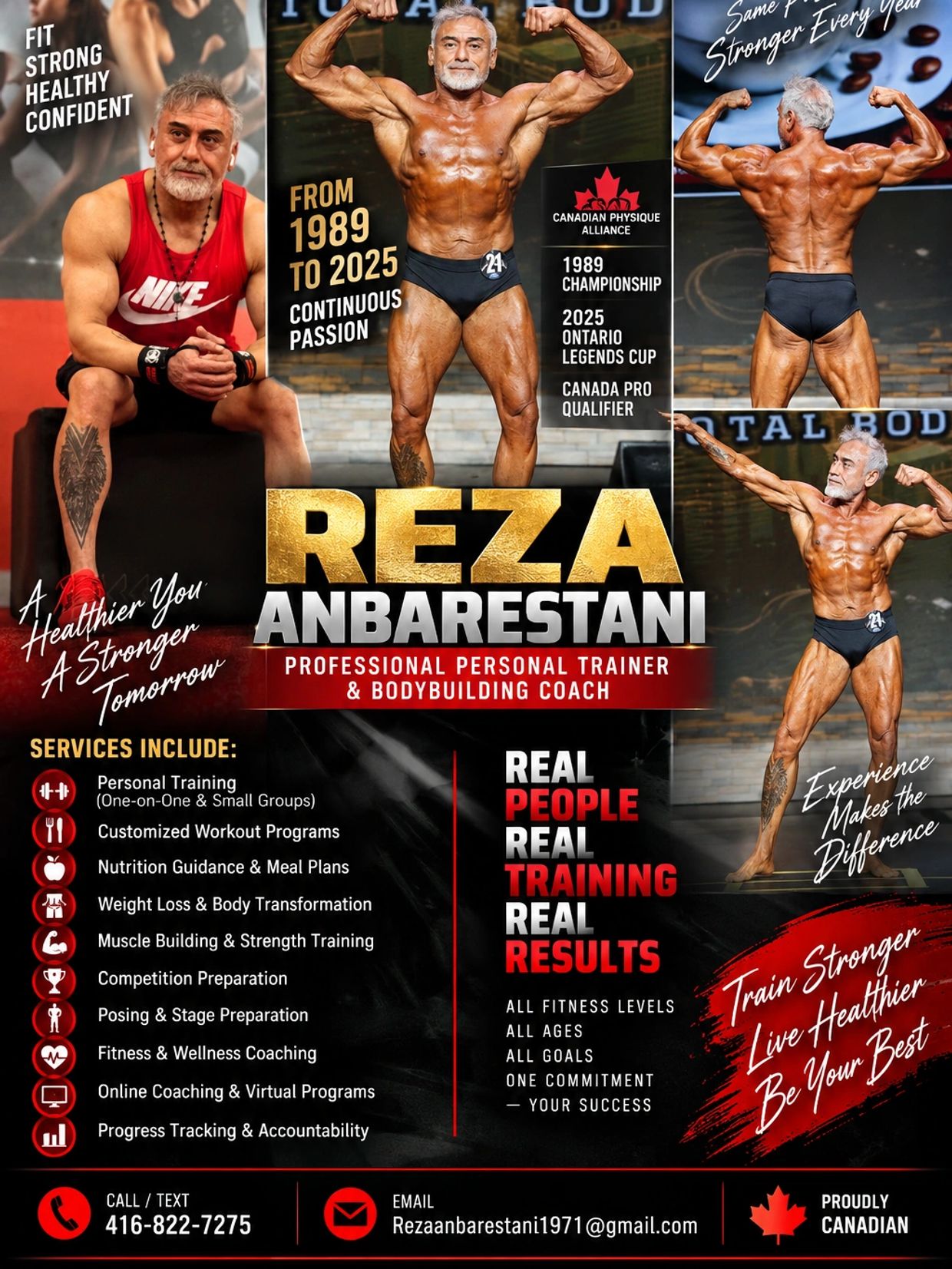 Reza Anbarestani, professional personal trainer and bodybuilding coach, offering comprehensive fitness services.