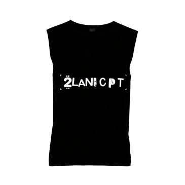 Black sleeveless shirt with white distorted text in the center.