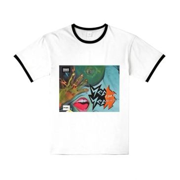 White ringer t-shirt with colorful graphic art and bold text design.